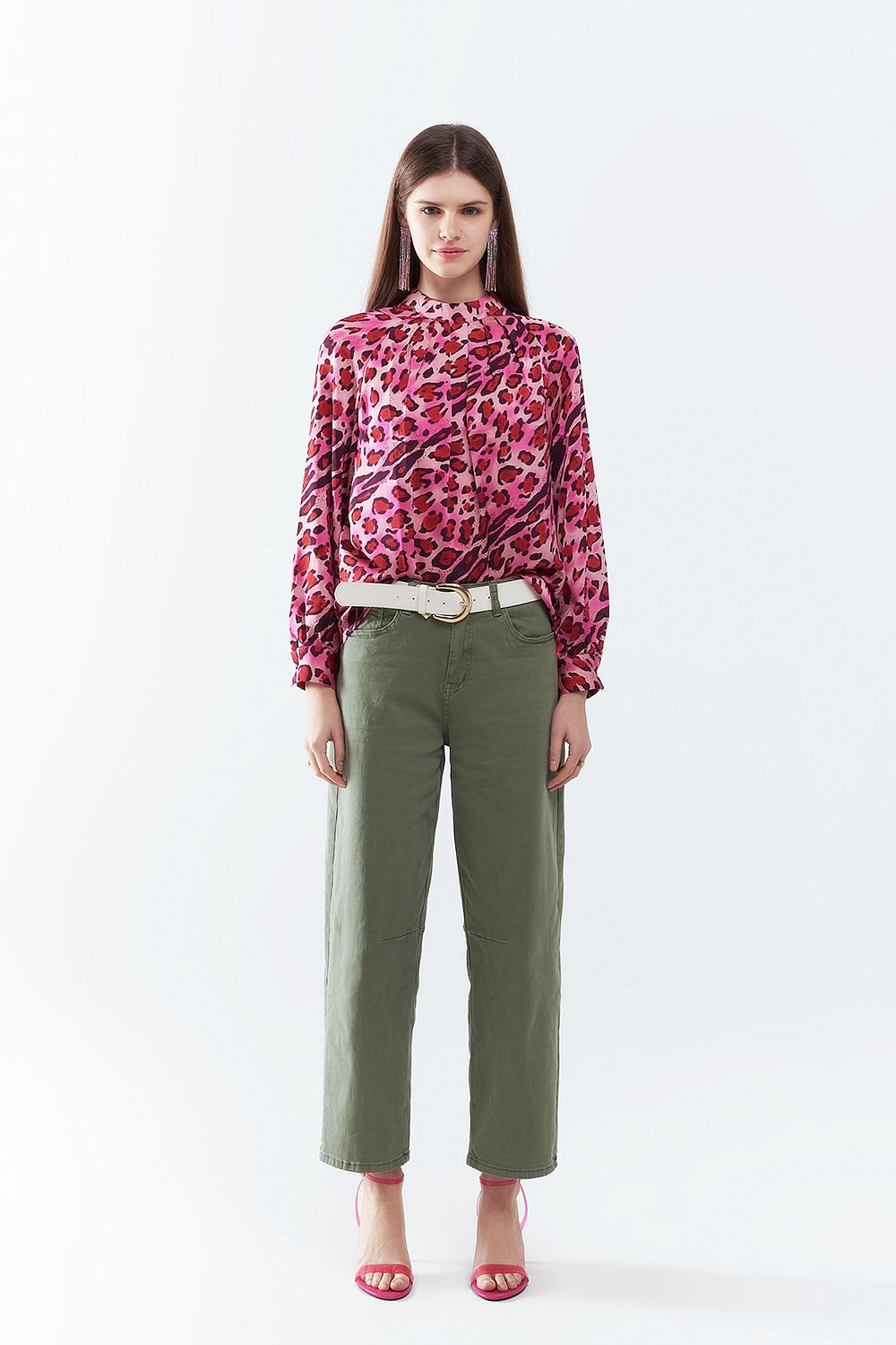 Blusa de Manga Larga en Estampado de Leopardo Fucsia a la Moda Q2
