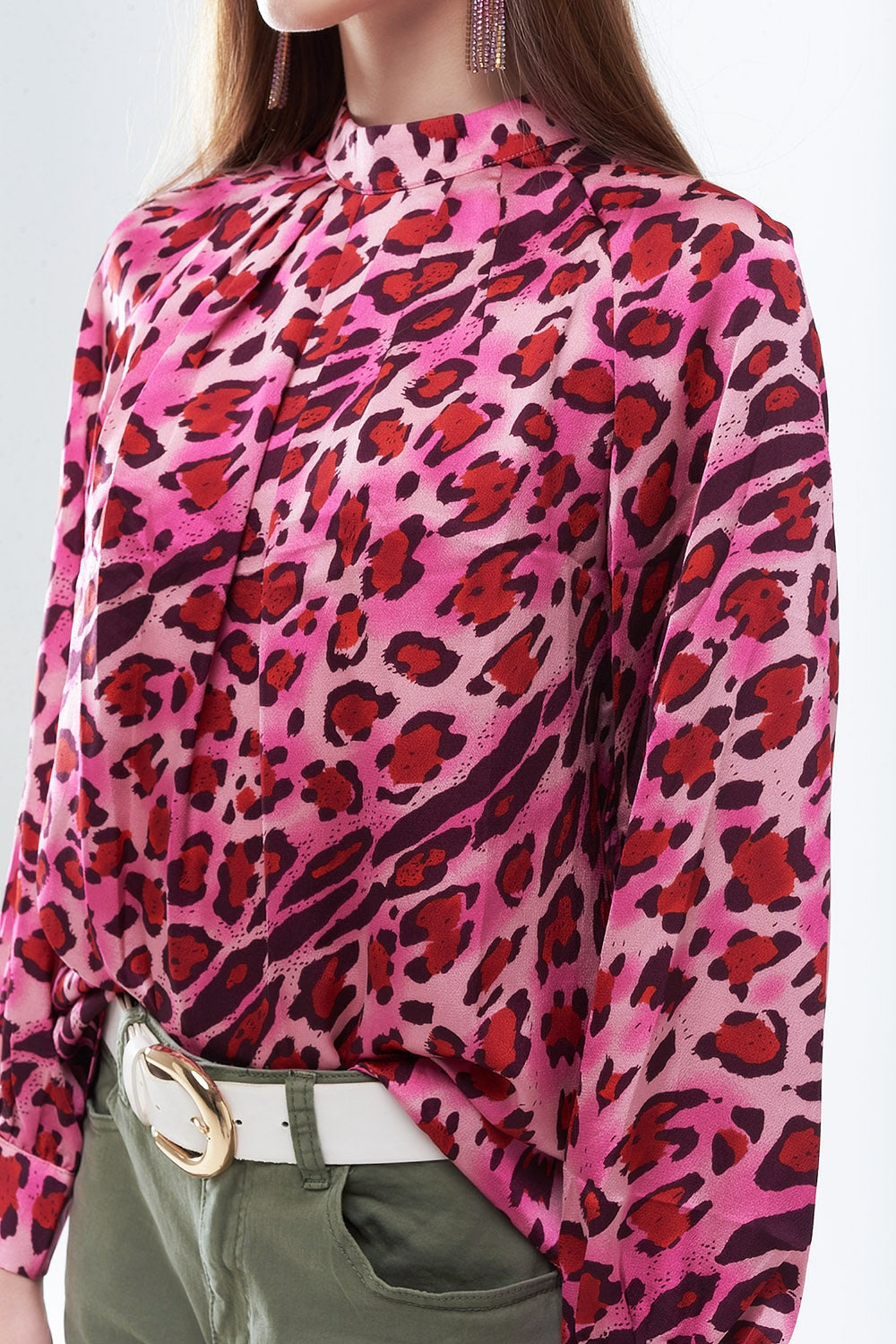 Blusa de Manga Larga en Estampado de Leopardo Fucsia a la Moda Q2