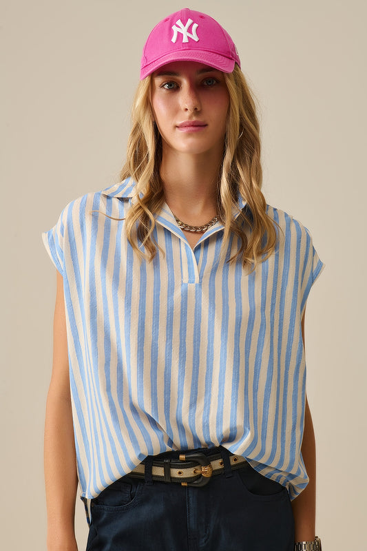Q2 Blusa de rayas con mangas caídas en azul