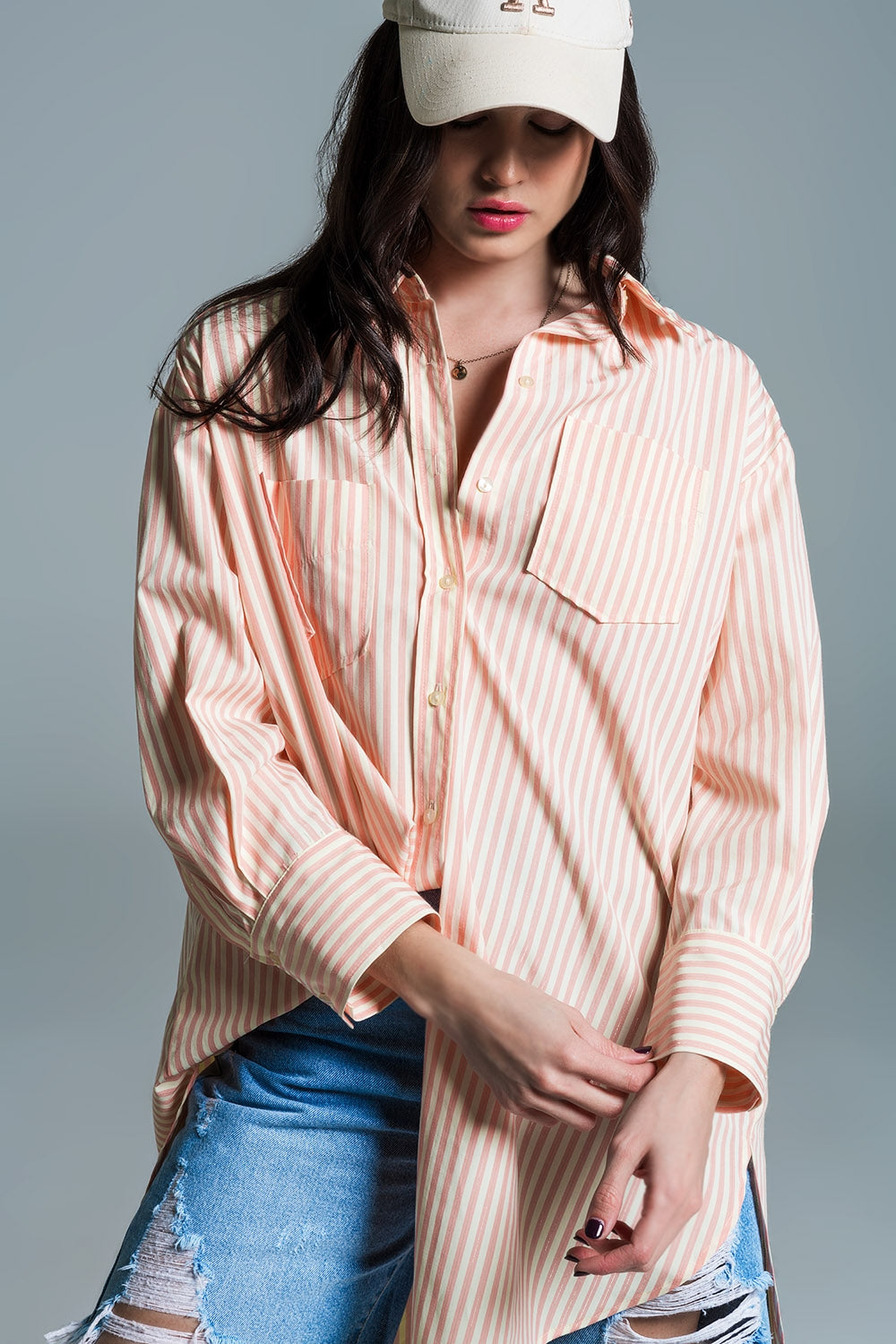 Blusa oversize naranja claro con rayas blancas Q2