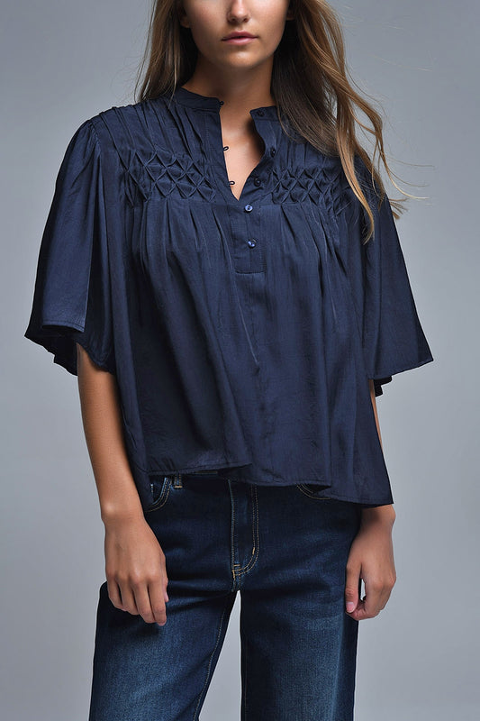 Q2 Blusa relajada de estilo boho en azul marino con detalles bordados