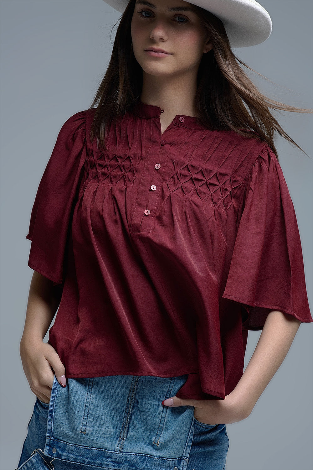 Blusa relajada de estilo boho en color vino con detalles bordados Q2