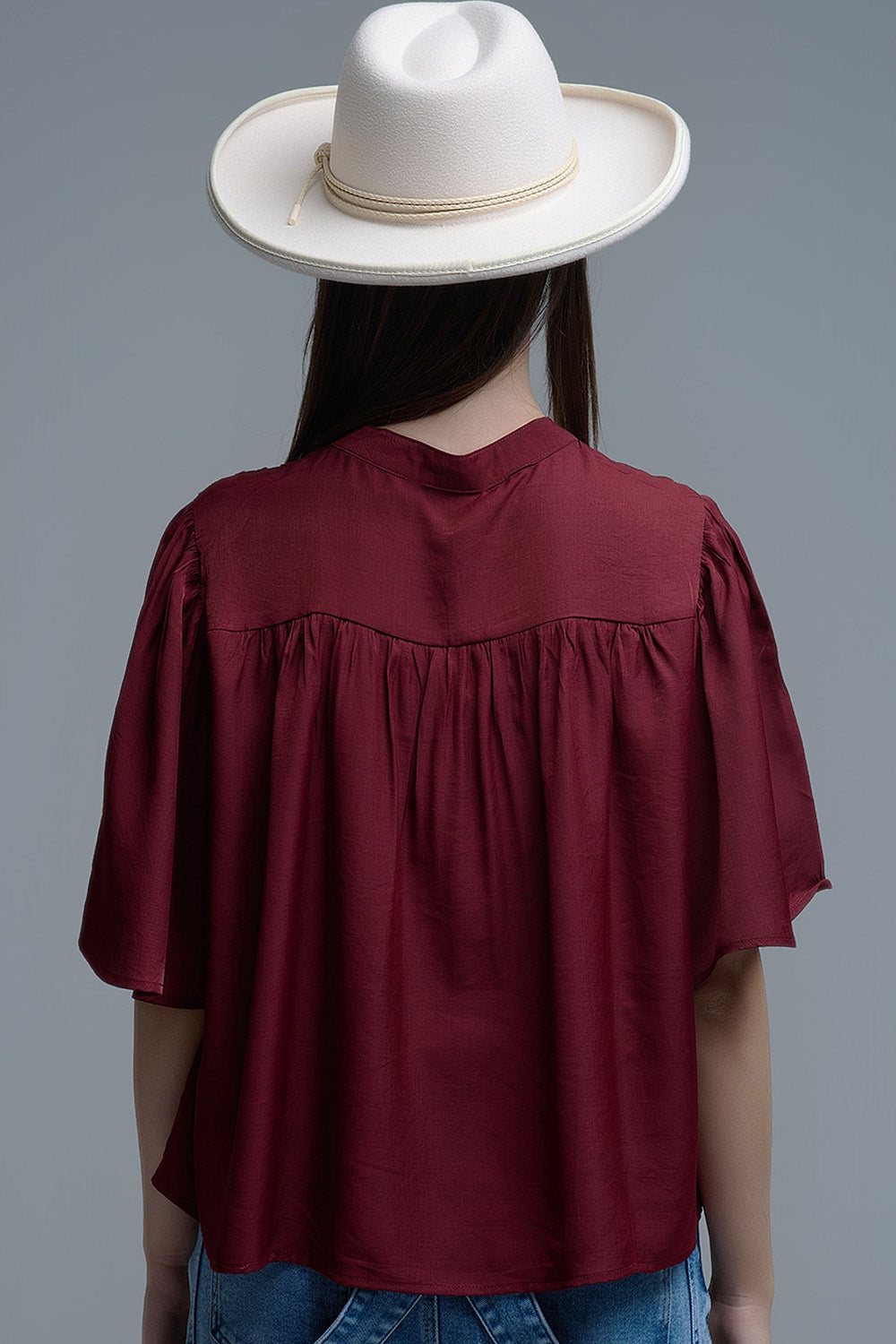 Blusa relajada de estilo boho en color vino con detalles bordados Q2