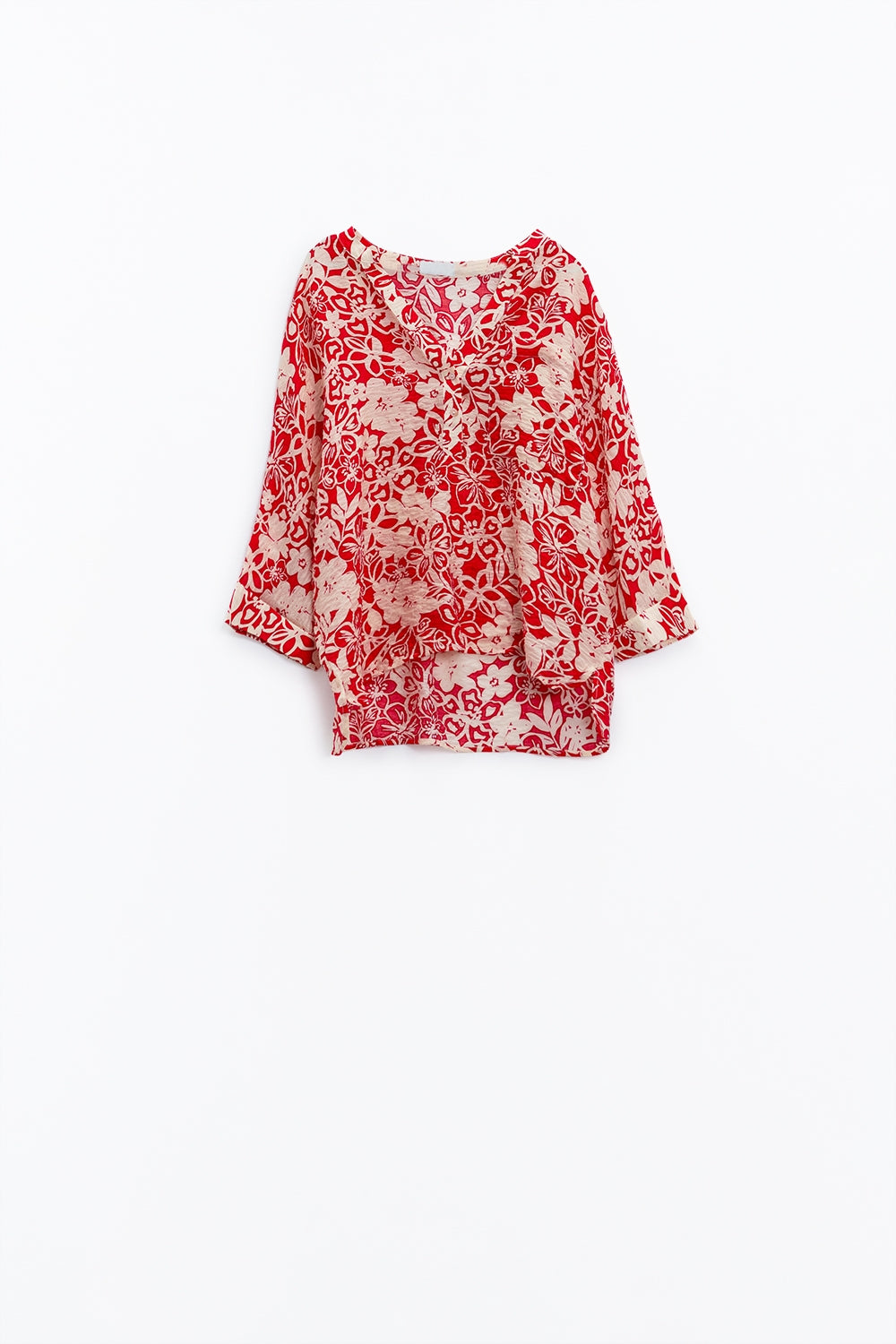 Blusa relajada roja con estampado floral y mangas de campana Q2