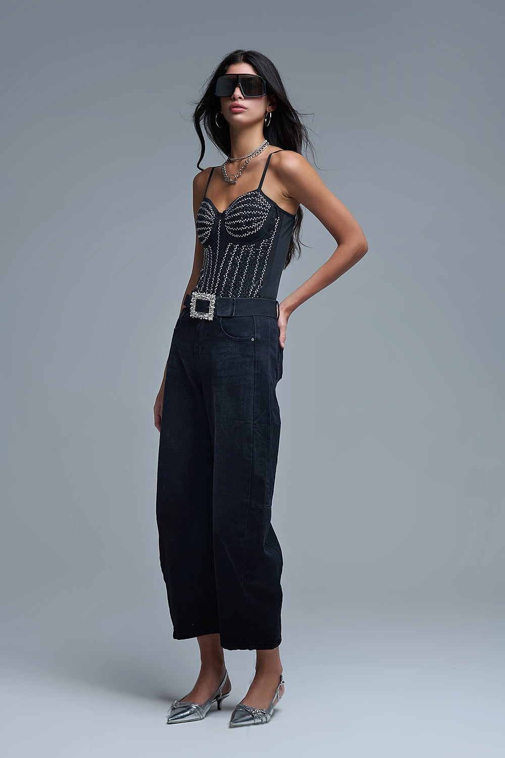 Body adelgazante de fiesta con cuentas en negro Q2