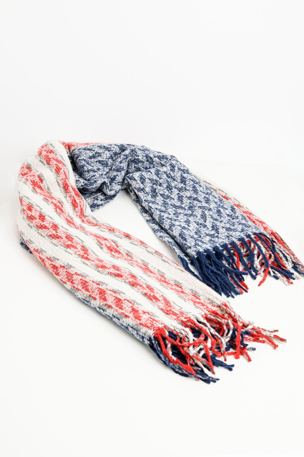 Bufanda americana estilo Houndstooth en blanco rojo y azul Q2