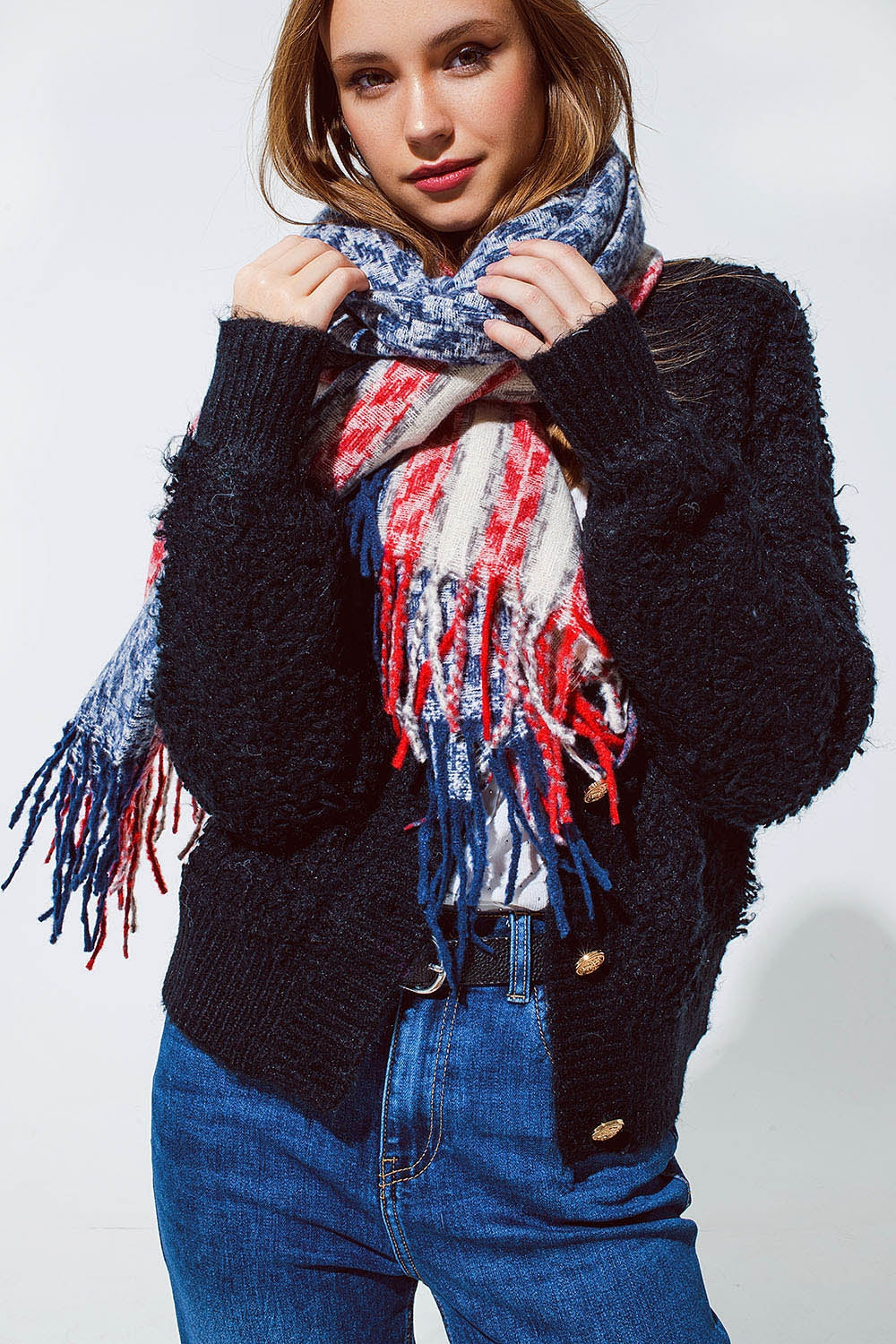 Bufanda americana estilo Houndstooth en blanco rojo y azul Q2