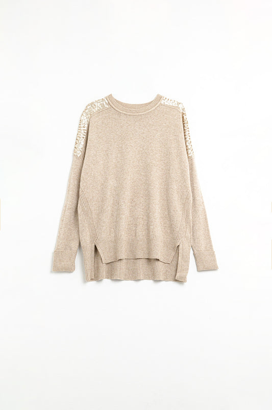 Q2 camel jersey de manga larga con lentejuelas en los hombros
