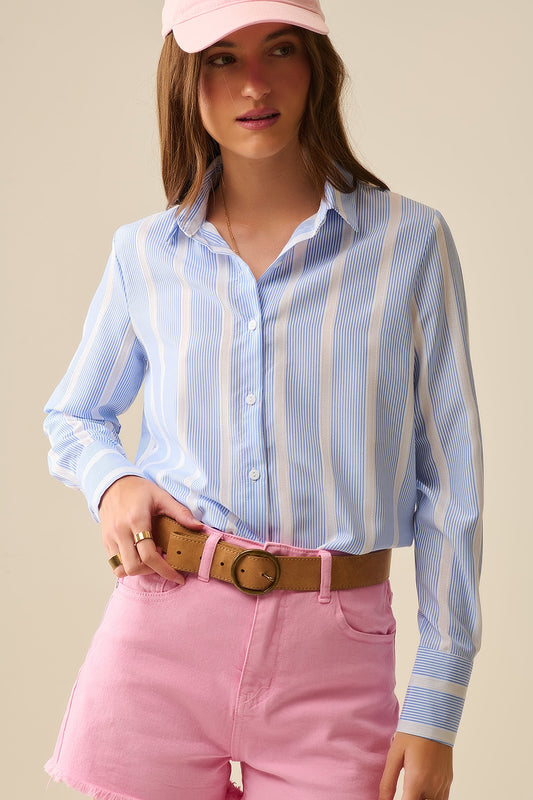 Q2 Camisa a rayas de tejido suave en azul y blanco