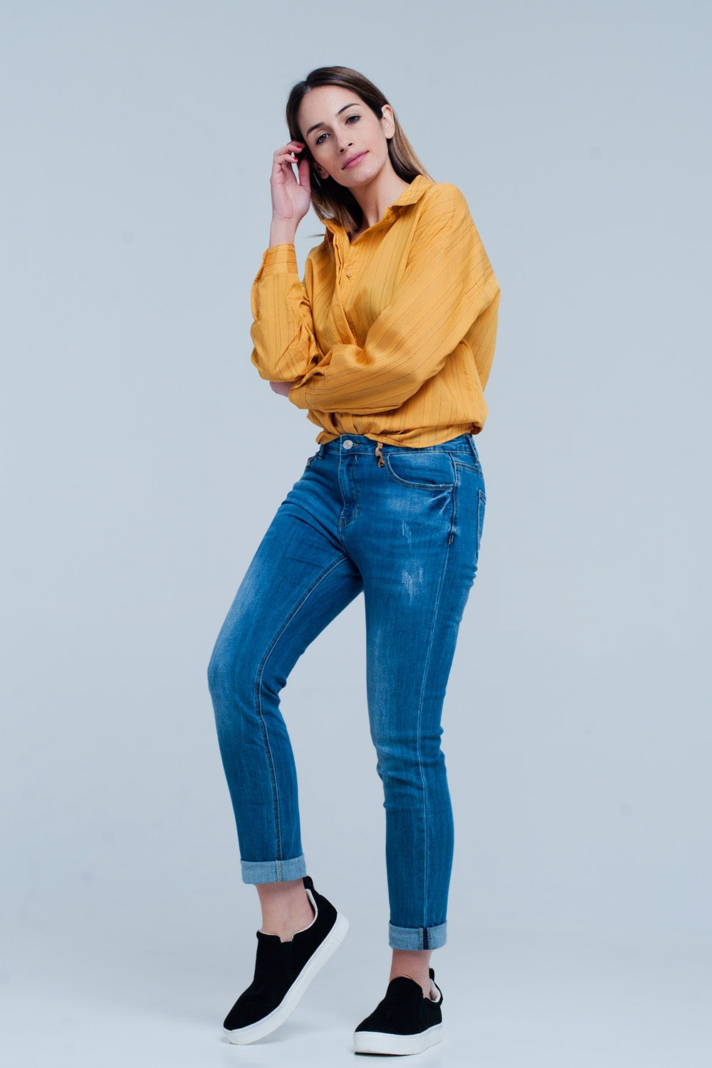 Camisa amplia mustard a rayas Q2