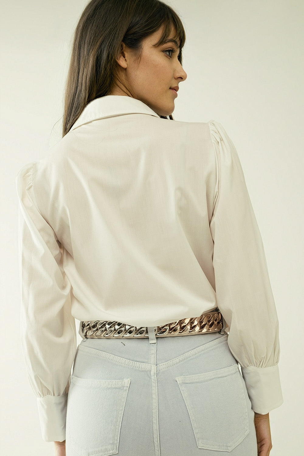 Camisa blanca basica de poplin de manga larga globo Q2
