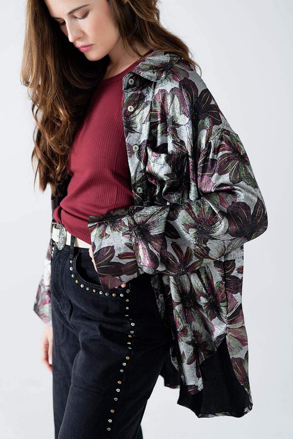 Camisa con estampado de flores efecto metalizado Q2