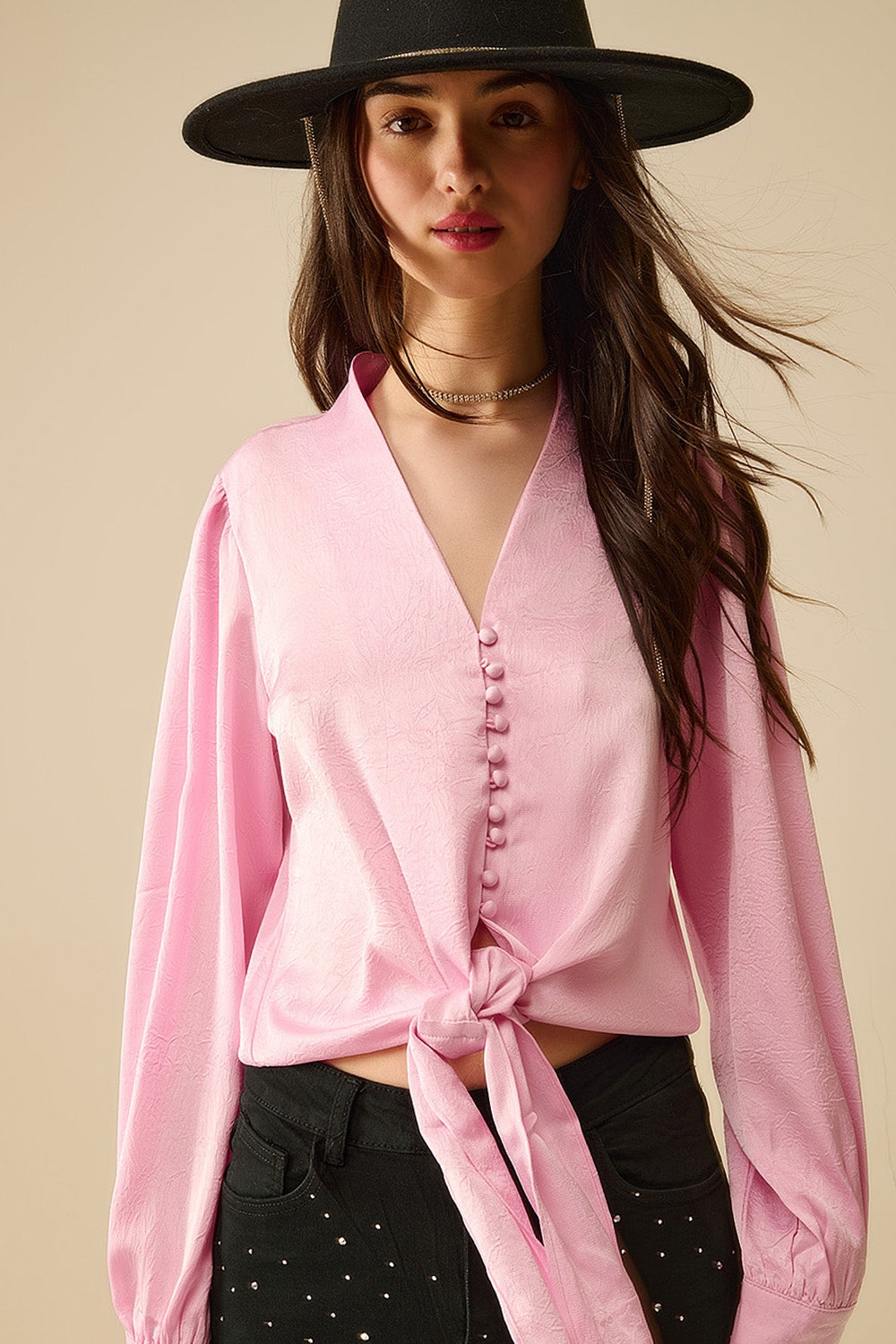 Camisa Corta En rosa Con nudo Q2