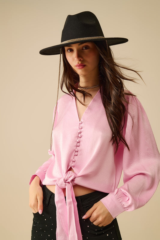 Q2 Camisa Corta En rosa Con nudo