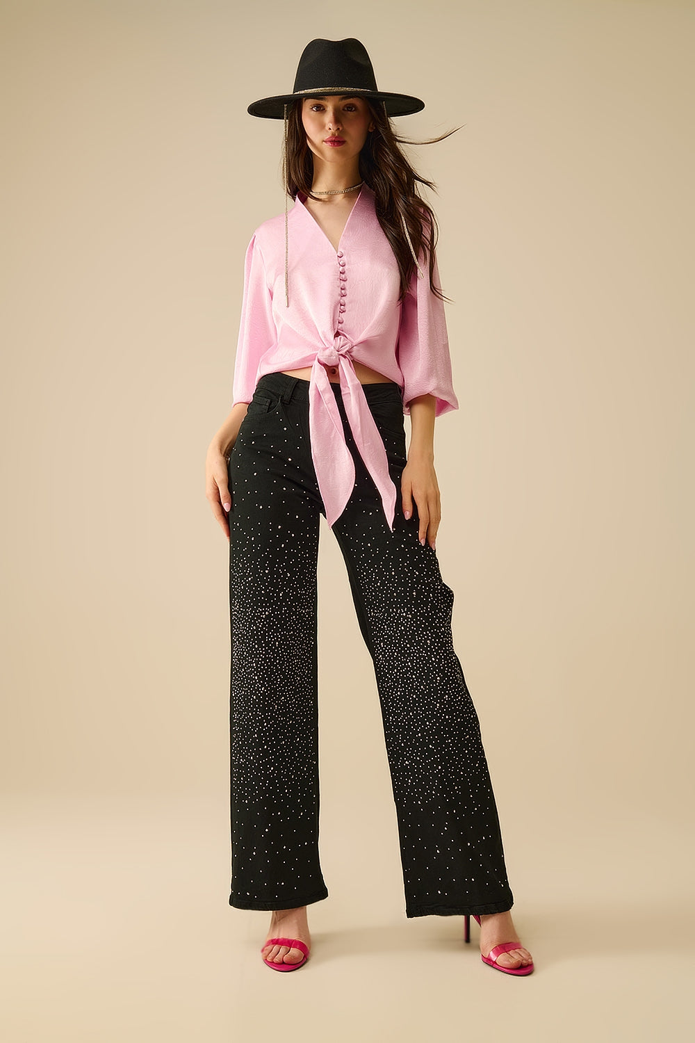 Camisa Corta En rosa Con nudo Q2