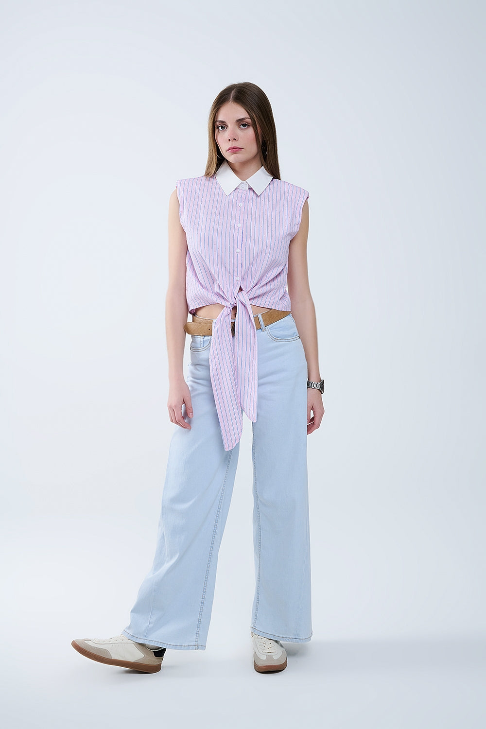 Camisa corta Rosa Sin Mangas Con Nudo Delantero Q2