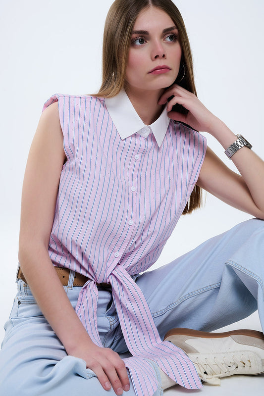 Q2 Camisa corta Rosa Sin Mangas Con Nudo Delantero