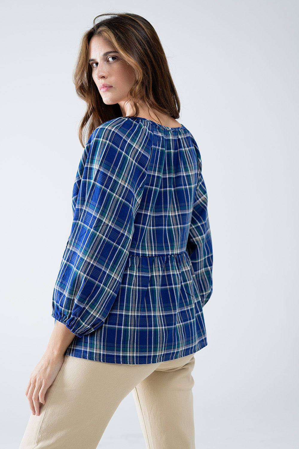 Camisa de cuadros Babydoll en azul y verde Q2