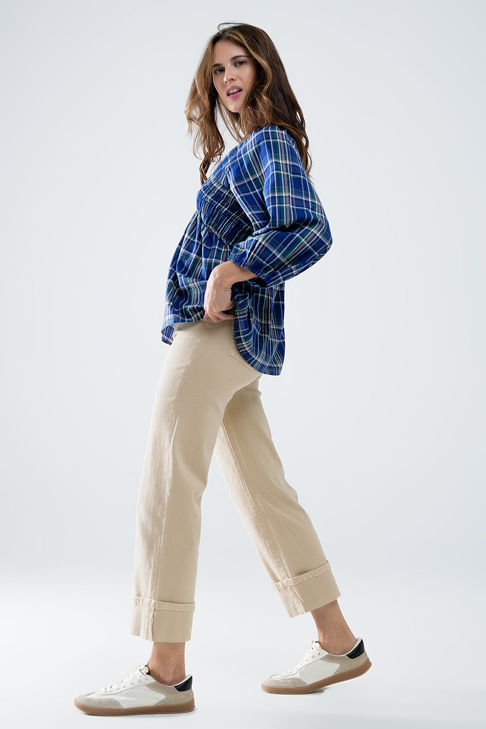 Camisa de cuadros Babydoll en azul y verde Q2