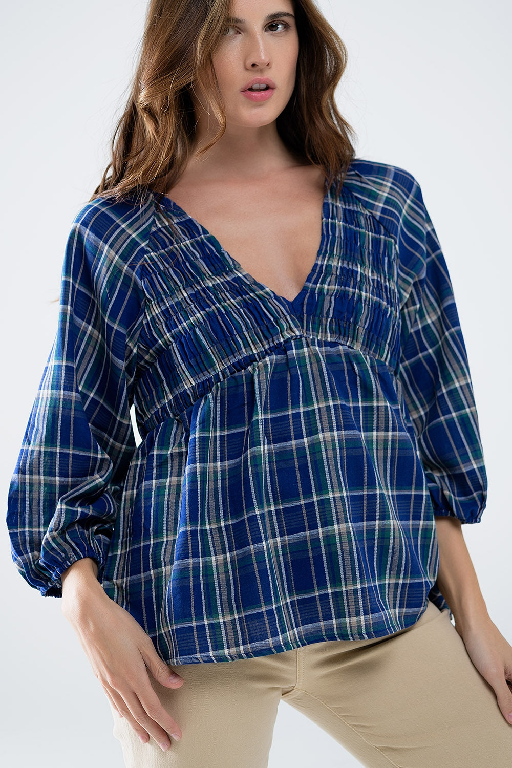 Q2 Camisa de cuadros Babydoll en azul y verde