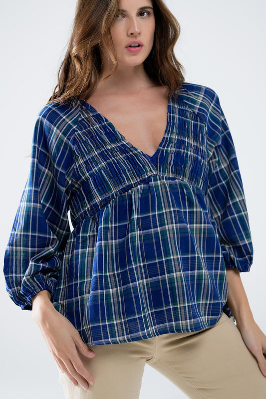 Q2 Camisa de cuadros Babydoll en azul y verde