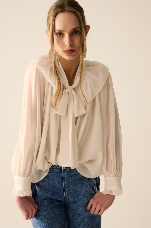 Q2 Camisa de gasa beige con detalle de lazo