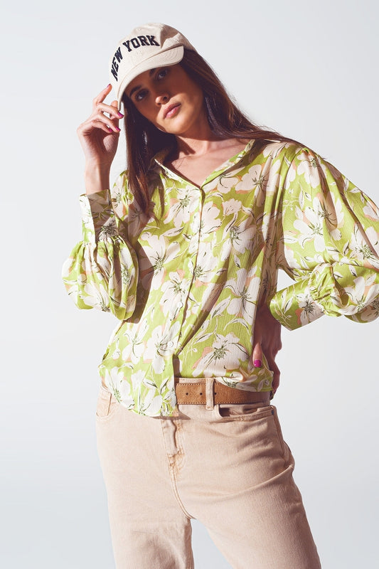 Q2 Camisa de gasa con estampado floral en verde