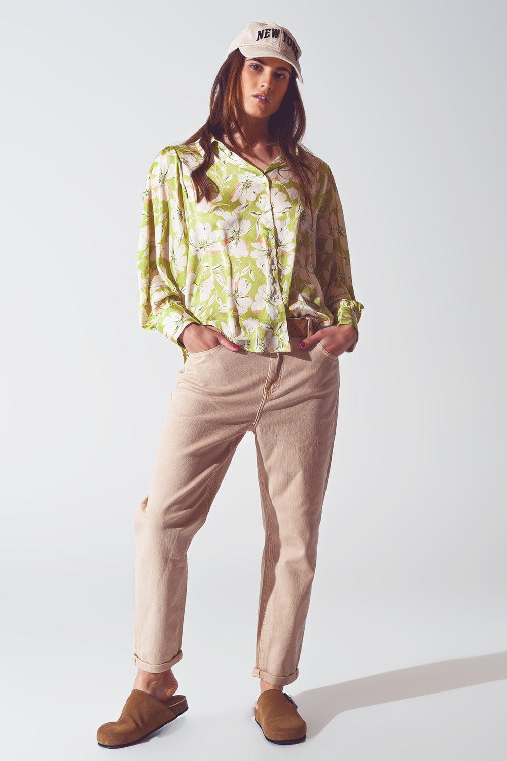 Camisa de gasa con estampado floral en verde Q2