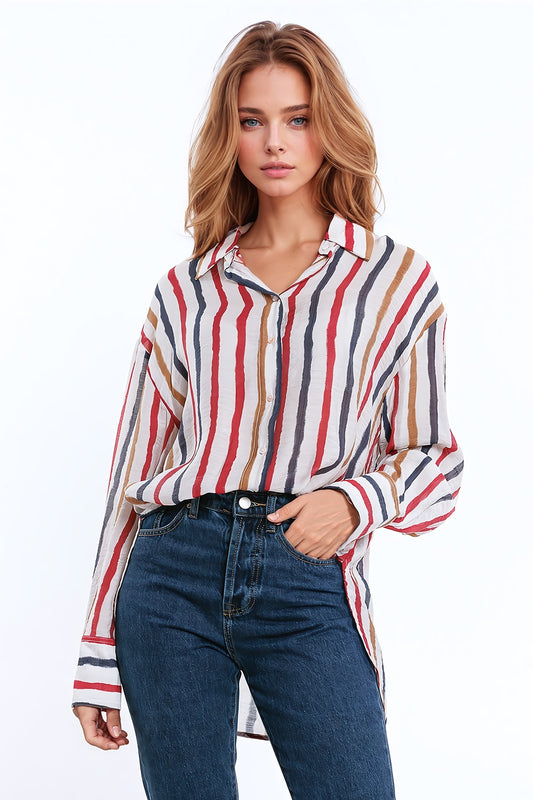 Q2 camisa de gasa de manga larga con rayas multicolores rojo y azul marino