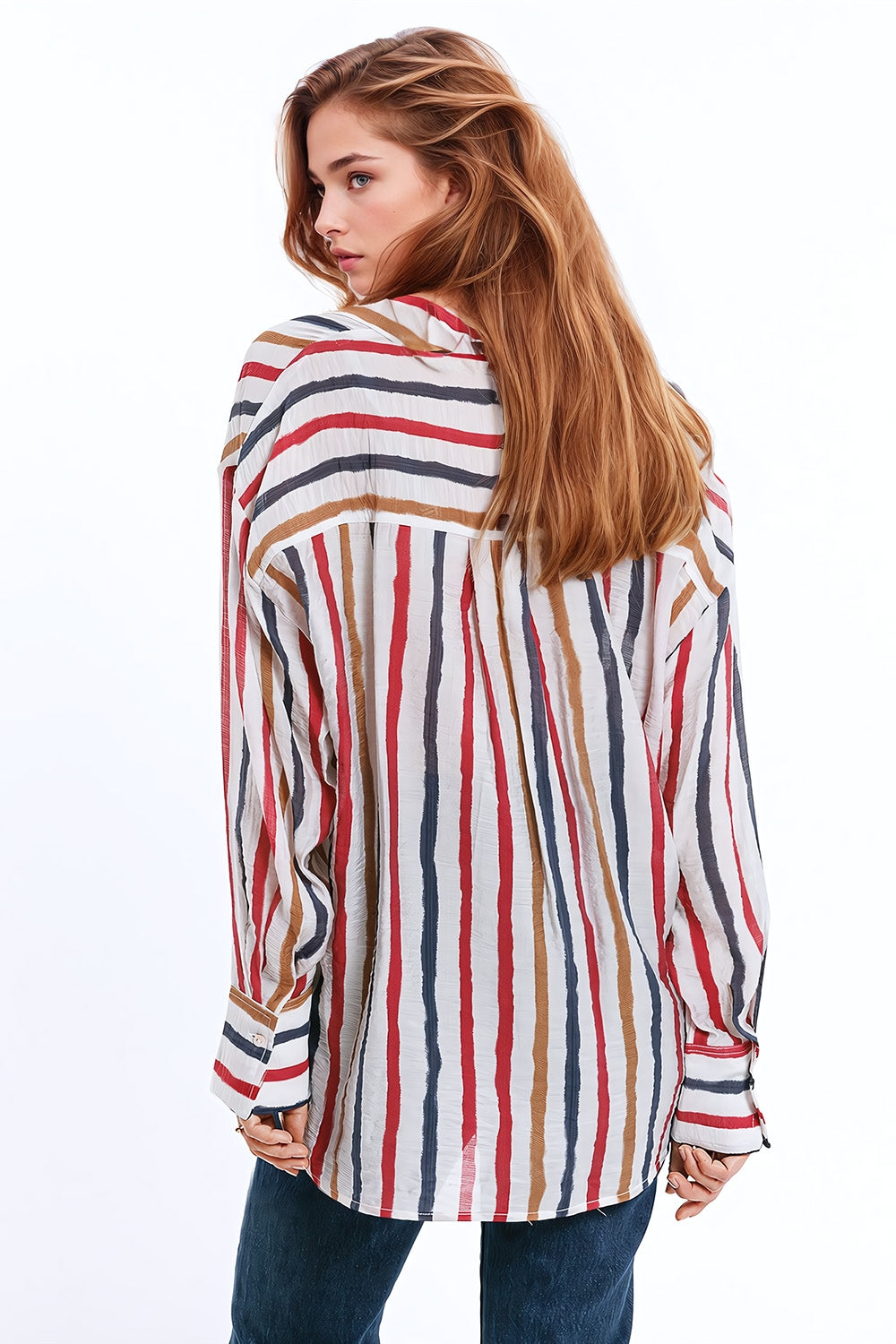 camisa de gasa de manga larga con rayas multicolores rojo y azul marino Q2