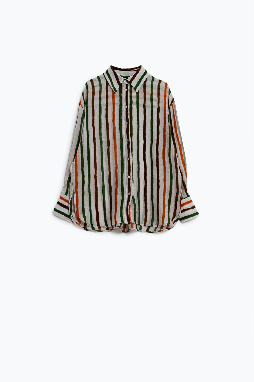 camisa de gasa de manga larga con rayas multicolores verde y marrón Q2