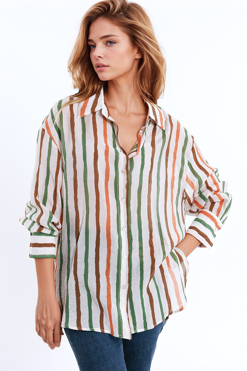 Q2 camisa de gasa de manga larga con rayas multicolores verde y marrón