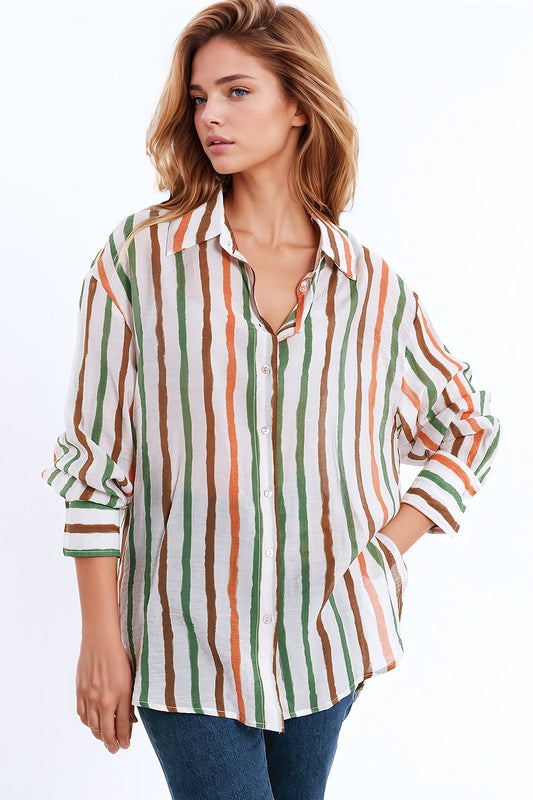 Q2 camisa de gasa de manga larga con rayas multicolores verde y marrón