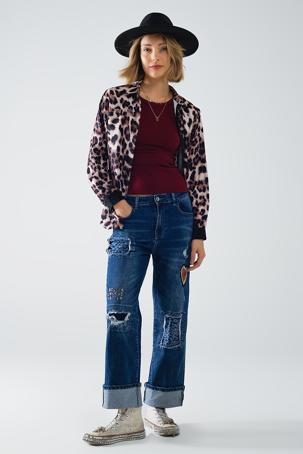 camisa de leopardo con detalle de raso negro Q2