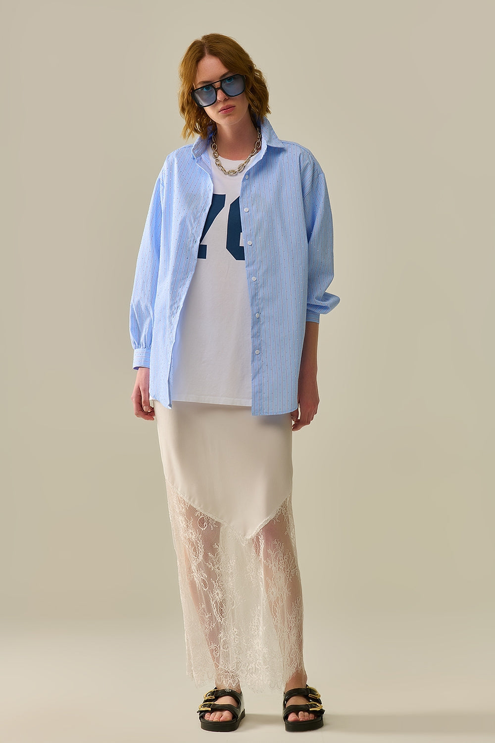 camisa de popelina azul a rayas adornada con strass Q2
