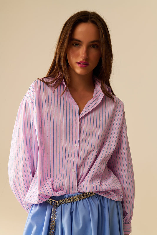 Q2 Camisa de popelina rosa a rayas adornada con strass
