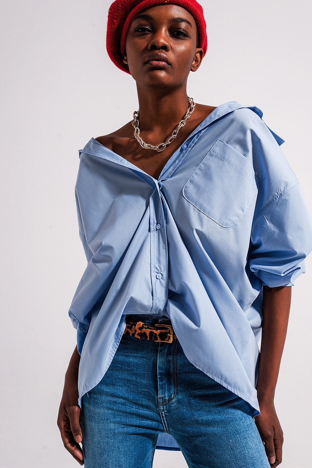 Camisa de popeline azul de corte amplio Q2