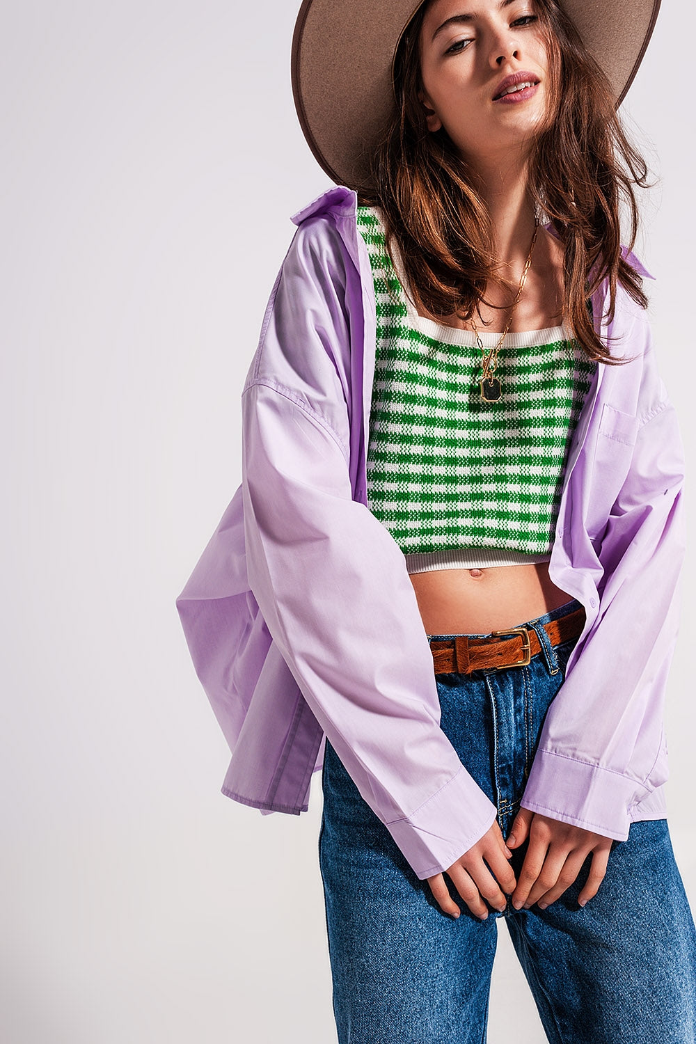 Camisa de popeline lila de corte amplio Q2