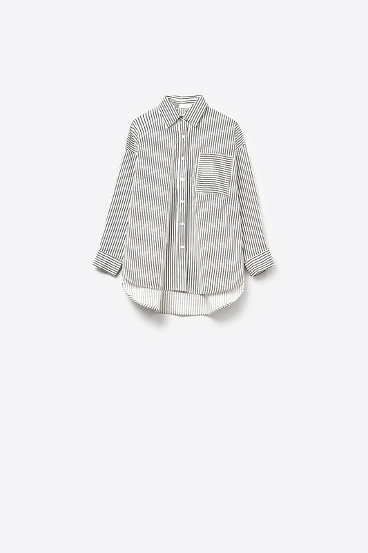 Q2 Camisa de rayas de talle alto con bolsillo en el pecho en blanco y negro