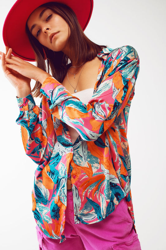 Q2 Camisa de satén con estampado floral en naranja