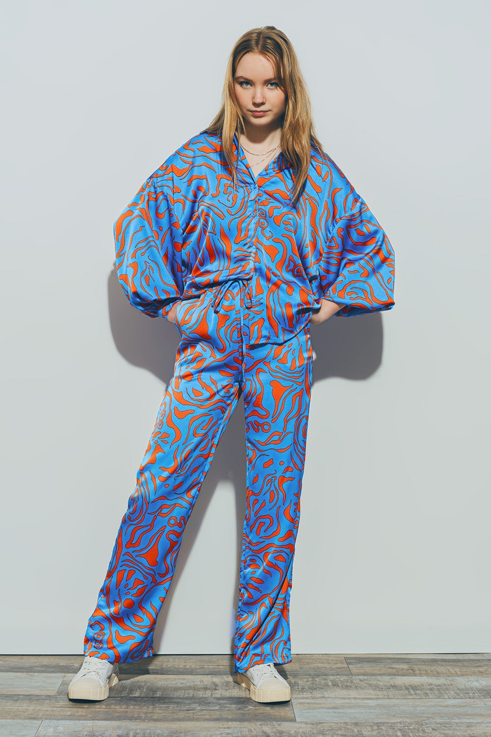 Camisa de Satén con Mangas Globo en Azul Q2