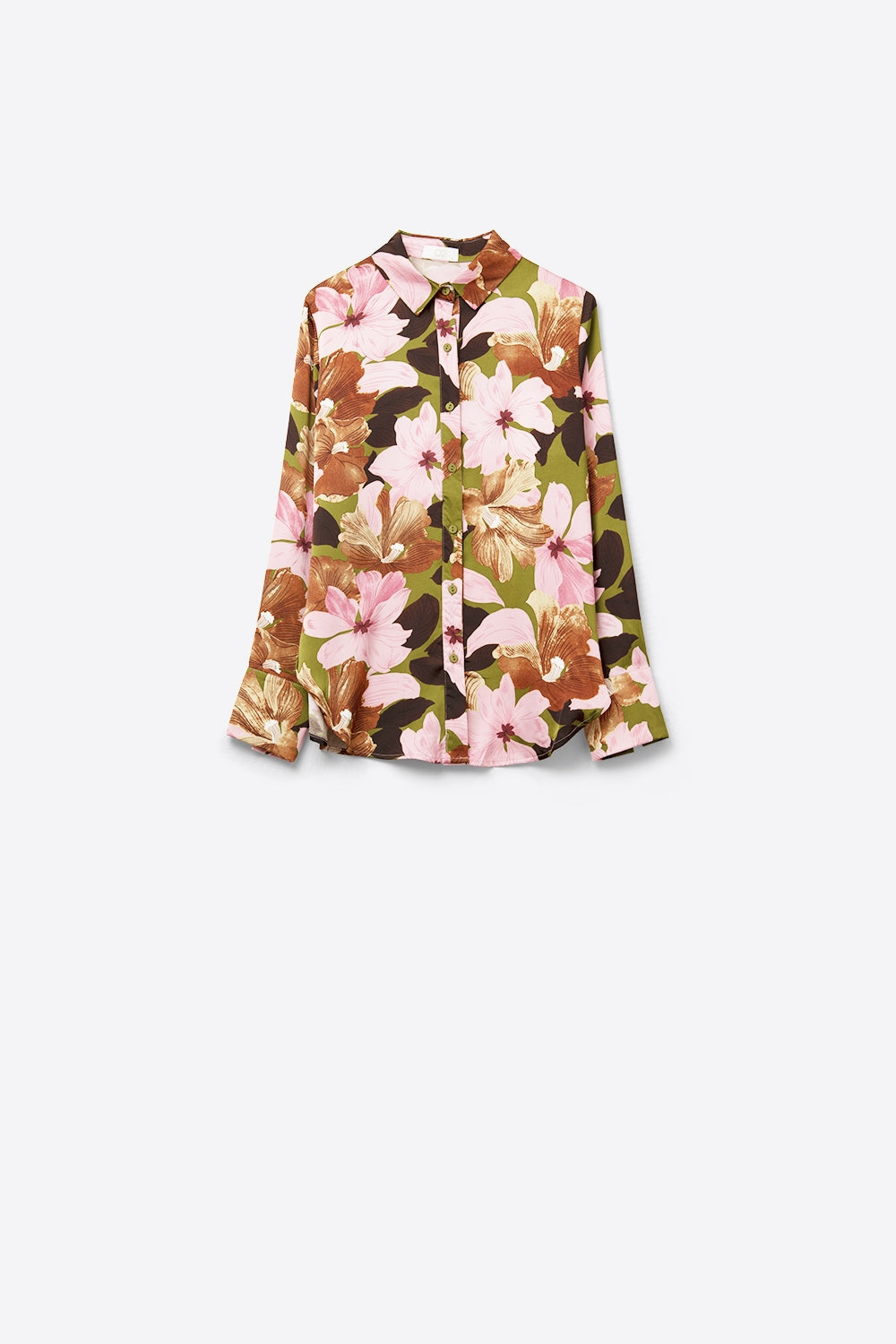 Camisa Floral Tropical Verde Oliva Satinada Q2