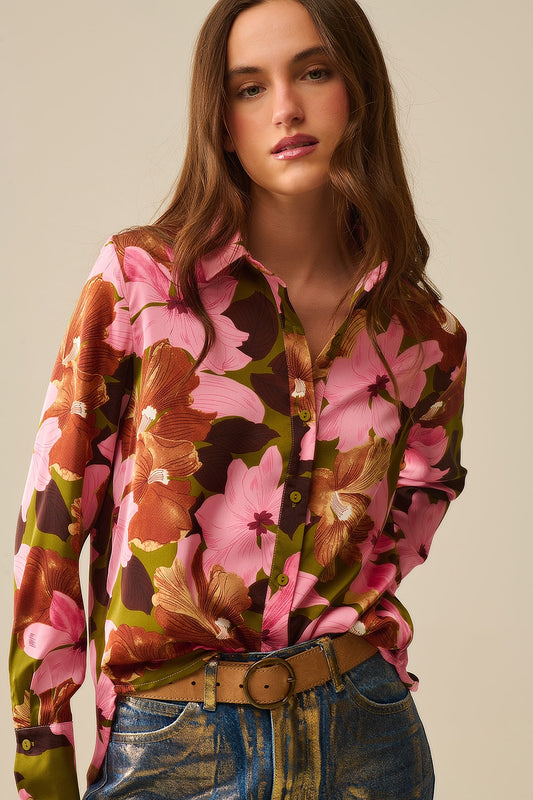 Q2 Camisa Floral Tropical Verde Oliva Satinada