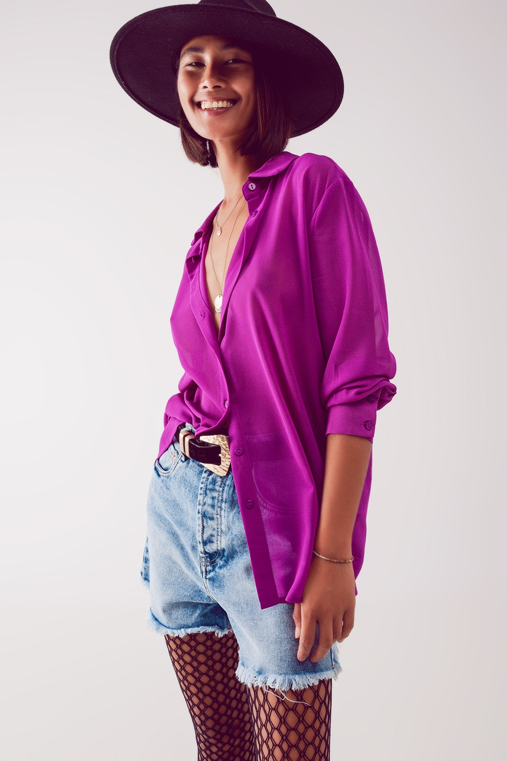 Camisa morada de gasa transparente Q2