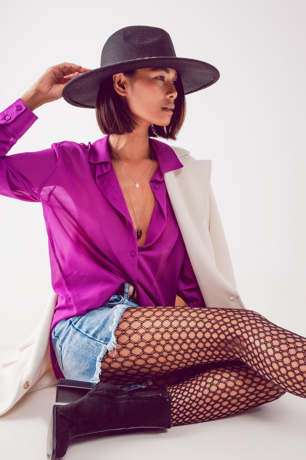 Camisa morada de gasa transparente Q2