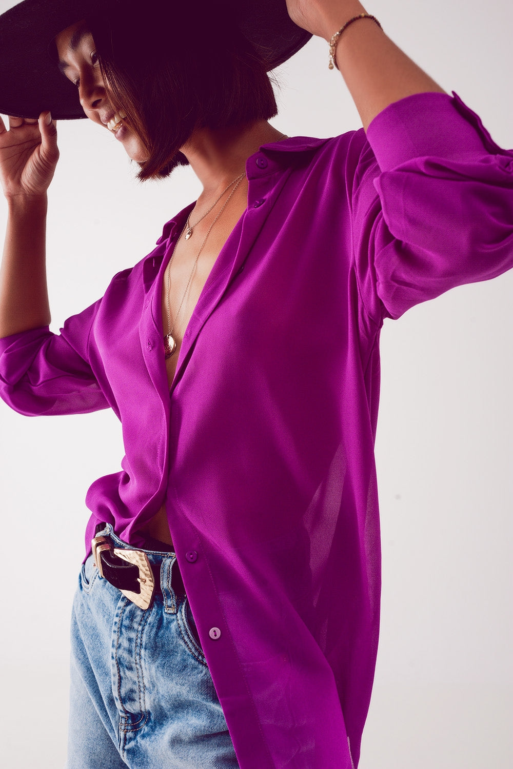 Camisa morada de gasa transparente Q2