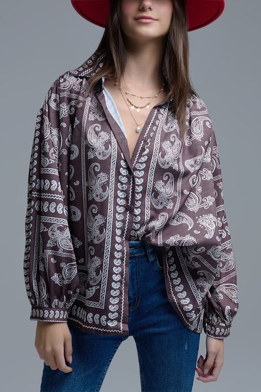 Q2 Camisa Paisley Marrón Con Mangas Voluminosas