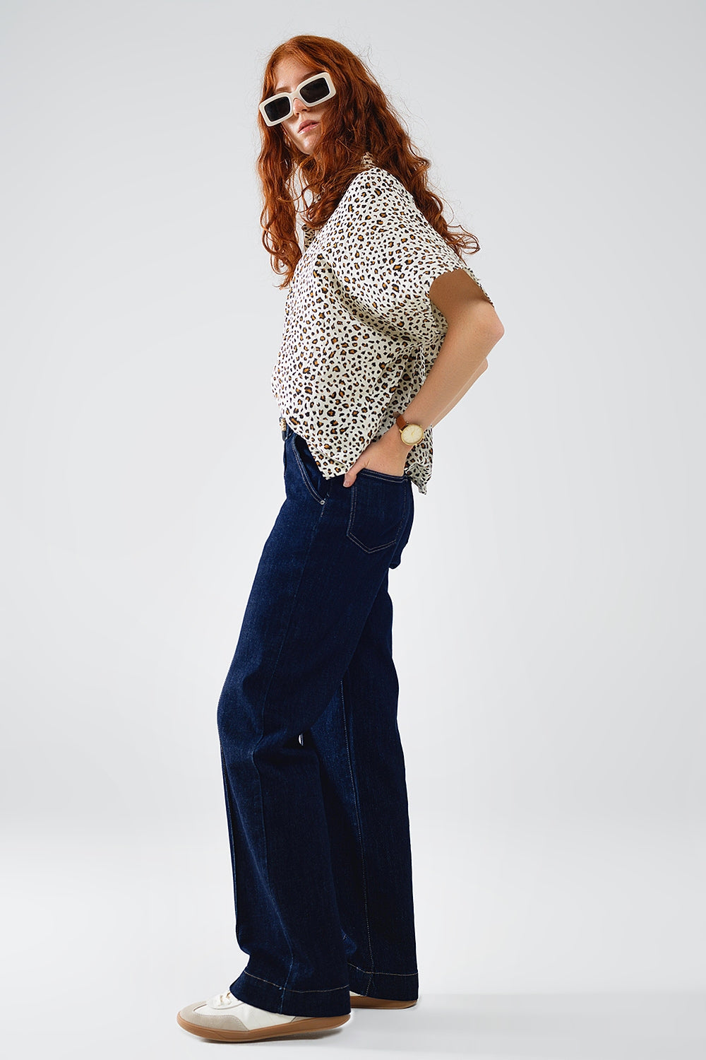 Camisa relajada oversize de manga corta con estampado de leopardo Q2