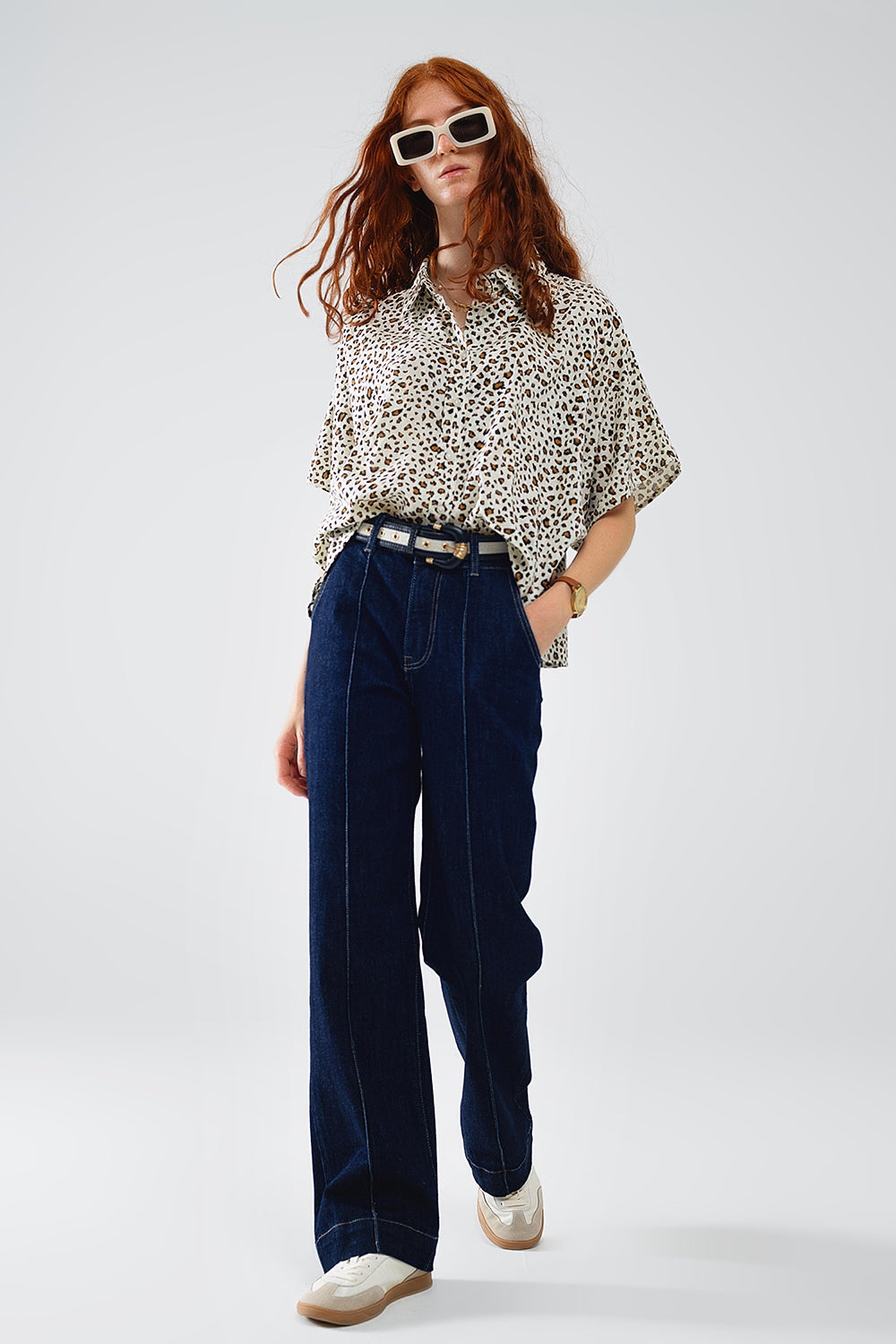 Camisa relajada oversize de manga corta con estampado de leopardo Q2