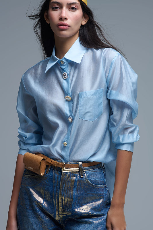 Q2 Camisa suelta de seda con botones en azul